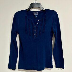 Women CHAPS Classics Button Henley Navy Long Sleeve Cotton Top Size S